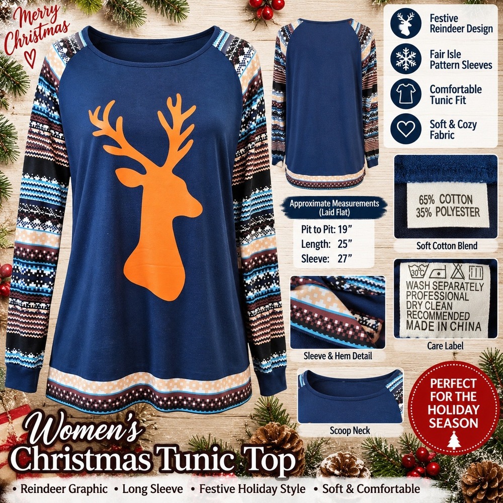 Womens Christmas Reindeer Tunic Top Navy Blue Fair Isle Long Sleeve Scoop Neck